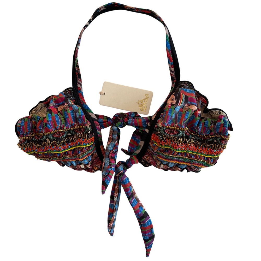 Agua Bendita Trujillo Beaded Bikini Top Multi Color Tribal Ruffle Large NWT